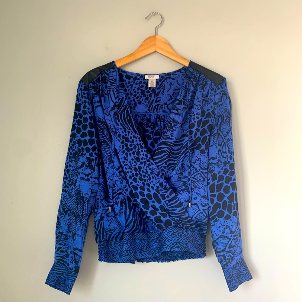 Cache 100% Silk Blouse with Leather Shoulder Details